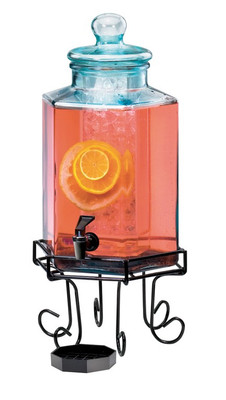 Cal-Mil 1111 10" W x 10" D x 22" H 2 Gallon Black Wire Base Hexagon Glass Body Ice Chamber BPA Free Beverage Dispenser