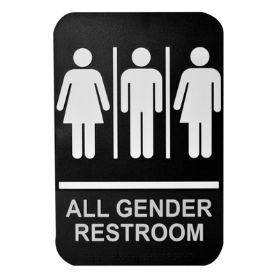 TableCraft Products 695652 6" W x 9" H "All Gender Restroom" White On Black Plastic Cash & Carry Sign