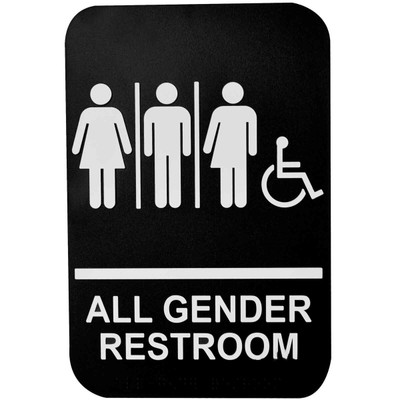 TableCraft Products 695653 6" W x 9" H "All Gender Restroom" White On Black Plastic Cash & Carry Sign