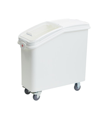 Bakn BAKBIN21GL 21 Gallon / 335 Cup White Slant Top Mobile Ingredient Storage Bin with Sliding Lid & Scoop
