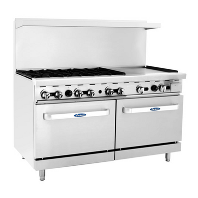Atosa AGR-6B24GR-NG 60" W Natural Gas 6 Open Burners 1 Griddle 2 Oven CookRite Range - 294,000 BTU
