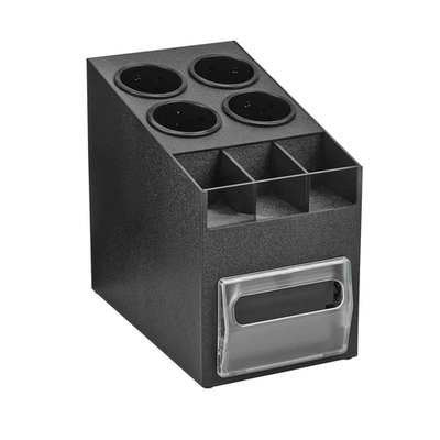 Vollrath CTNFO-06 9 1/16" W x 19 1/4" D x 15 3/16" H Black ABS & Smoked Acrylic Accommodates 100 Napkins 3 Condiment Compartments Napkin Dispenser/Organizer