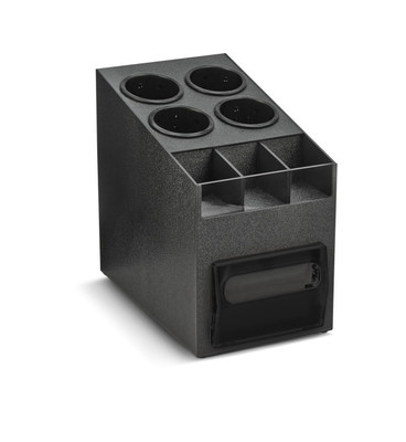 Vollrath CTNFO-06 9 1/16" W x 19 1/4" D x 15 3/16" H Black ABS &amp; Smoked Acrylic Accommodates 100 Napkins 3 Condiment Compartments Napkin Dispenser/Organizer