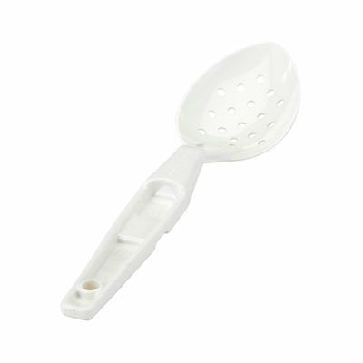 Cambro SPOP11CW148 11&quot; White Polycarbonate Notched Back Hanging Hole Perforated Deli Spoon - 12/Case