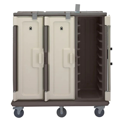 Cambro MDC1418T30194 60" W x 29.25" D x 63.63" H Tall Profile (3) Doors 3-Compartments Holds (30) 14" x 18" Trays Heavy Duty Nylon Handles 6" Stainless Steel Casters Granite Sand with Cream Color Door Meal Delivery Cart