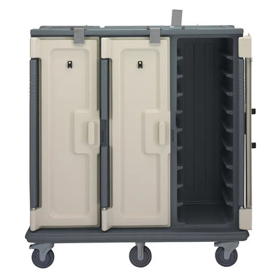 Cambro MDC1418T30191 60" W x 29.25" D x 63.63" H Tall Profile (3) Doors 3-Compartments Holds (30) 14" x 18" Trays Heavy Duty Nylon Handles 6" Stainless Steel Casters Granite Gray with Cream Color Door Meal Delivery Cart