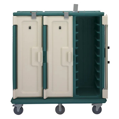 Cambro MDC1520T30192 60" W x 29.25" D x 63.63" H Tall Profile (3) Doors 3-Compartments Holds (30) 15" x 20" Trays Heavy Duty Nylon Handles 6" Stainless Steel Casters Granite Green with Cream Color Door Meal Delivery Cart