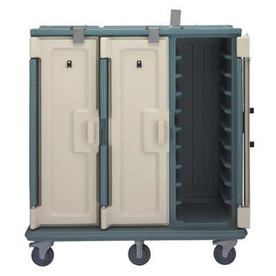 Cambro MDC1418T30401 60" W x 29.25" D x 63.63" H Tall Profile (3) Doors 3-Compartments Holds (30) 14" x 18" Trays Heavy Duty Nylon Handles 6" Stainless Steel Casters Slate Blue with Cream Color Door Meal Delivery Cart