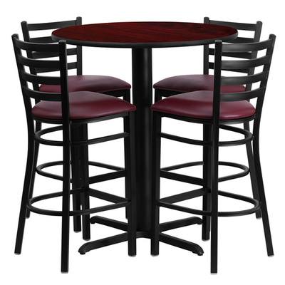 Flash Furniture HDBF1026-GG 30" Dia. x 42" H Mahogany Laminate Finish Round Table Set with 4 Metal Ladder Back Bar Stools