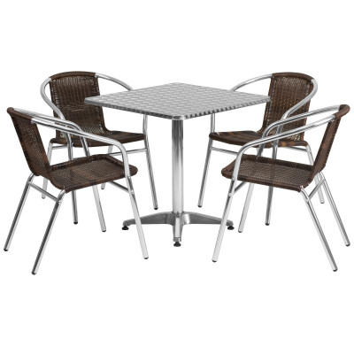 Flash Furniture TLH-ALUM-28SQ-020CHR4-GG Brown Steel Square Table Set with 4 Chairs