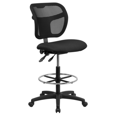 Flash Furniture WL-A7671SYG-BK-D-GG Black Padded Fabric Seat and Curved Mesh Back without Arms Swivel Drafting Stool