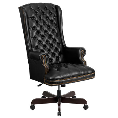 Flash Furniture CI-360-BK-GG Black Bonded Leather Mahogany Wood Capped Metal Base Traditional Executive Swivel Office Chair