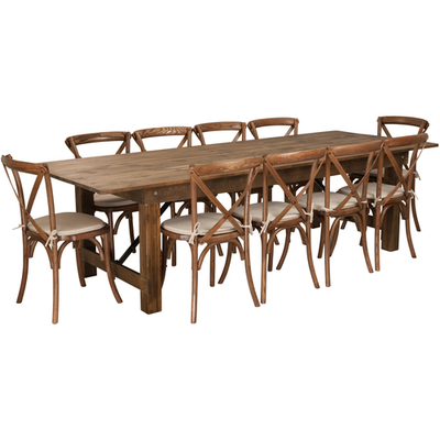 Flash Furniture XA-FARM-15-GG 108&quot; W x 40&quot; D x 30&quot; H Rectangular Antique Rustic Folding Hercules Series Farm Table Set with 10 Chairs