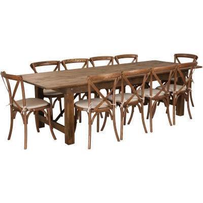 Flash Furniture XA-FARM-15-GG 108" W x 40" D x 30" H Rectangular Antique Rustic Folding Hercules Series Farm Table Set with 10 Chairs
