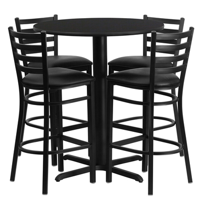 Flash Furniture HDBF1021-GG 30&quot; Dia. x 42&quot; H Black Laminate Finish Round Table Set with 4 Metal Ladder Back Bar Stools