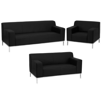 Flash Furniture ZB-DEFINITY-8009-SET-BK-GG Black LeatherSoft Upholstery With Integrated Stainless Steel Legs And Frame Hercules Definity Series Reception Set