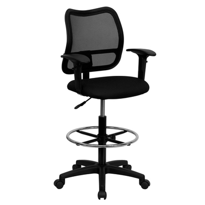 Flash Furniture WL-A277-BK-AD-GG Black Padded Fabric Seat and Mesh Back with Arms Swivel Drafting Stool