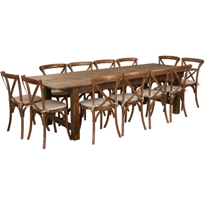 Flash Furniture XA-FARM-16-GG 108&quot; W x 40&quot; D x 30&quot; H Rectangular Antique Rustic Folding Hercules Series Farm Table Set with 12 Chairs