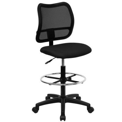 Flash Furniture WL-A277-BK-D-GG Black Padded Fabric Seat and Mesh Back without Arms Swivel Drafting Stool