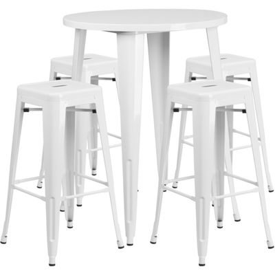 Flash Furniture CH-51090BH-4-30SQST-WH-GG 30" Dia. x 41" H White Metal Round Bar Height Table and 4 Bar Stool Set