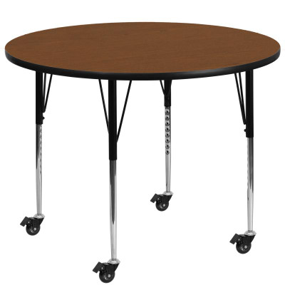 Flash Furniture XU-A48-RND-OAK-H-A-CAS-GG 48" Dia. Round 22.4" - 30.5" Adjustable Height Oak Activity Table