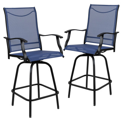 Flash Furniture 2-ET-SWVLPTO-30-NV-GG Blue Textilene Sling Fabric Black Galvanized Steel Frame Bar Height Patio Swivel Stool