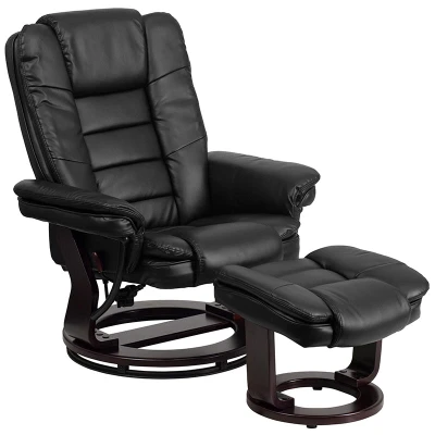 Flash Furniture BT-7818-BK-GG 32-3/4"W x 32" - 40"D x 41"H Swivel Recliner Contemporary Adjustable Recliner and Ottoman with Maple Wood Base in Black LeatherSoft