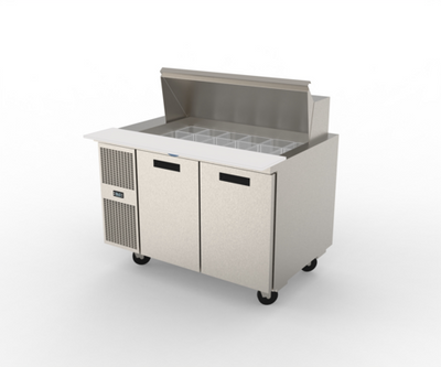 Randell PT48-18W-L 10.1 Cu. Ft. Two-Section Reach-In Stainless Steel Refrigerated Counter/Salad Mega Top - 115 Volts