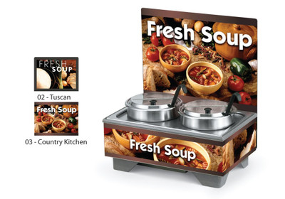 Vollrath 720200103 18 1/2" x 26 1/4" x 25 1/2" Base Only with Flush Mount Menu Board Cayenne 72020 Full Size Rethermalizing Model 1220 Soup Merchandiser with Tuscan Graphics - 120V 1000 Watts