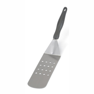 Vollrath 4808920 8 1/4"L x 2 7/8"W 16-1/2" Perforated Ergonomic High-Temperature Nylon Handle Heavy-Duty Stainless Steel Turner with Ergo Grip Black Handle