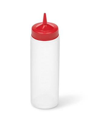 Vollrath 4924-1302 24 Oz. Clear Bottle with Red Cap Polyethylene Wide Mouth Molded In Ounce Markings Traex Color-Mate Squeeze Bottle Dispenser