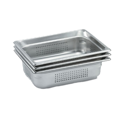 Vollrath 90263 Stainless Steel with Black SteelCoatX3 Anti-Jamming Perforated Standard 6" Deep 22 Gauge Top Flange Corners with Concave Indentation Super Pan 3 1/2 GN Food Pan