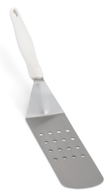 Vollrath 4808915 8 1/4"L x 2 7/8"W 16 1/2" Perforated Ergonomic High-Temperature Nylon Handle Heavy-Duty Stainless Steel Turner with Ergo Grip White Handle