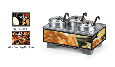 Vollrath 720201003 18 1/2"W x 26 1/4"D x 13 3/4"H Stainless Ladles Cayenne 72020 Full Size Rethermalizing Model 1220 Soup Merchandiser Base Tuscan Graphics - 120v 1000 Watts