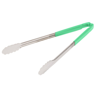 Vollrath 4781670 16" Green Ergonomic Antimicrobial Kool Touch Handle Scalloped Teeth Springless Stainless Steel One-Piece Utility Tongs