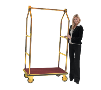 AARCO LC-2B 42" W x 24" D x 72" H Brass Frame Finish Red Deck Luggage Cart with 6" Wheels