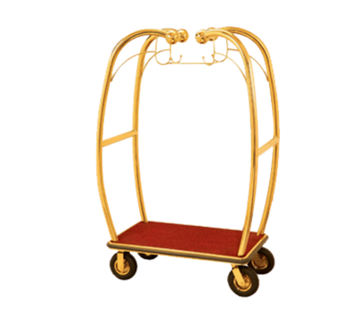 AARCO BEL-101B-4P 47.25" W x 25.5" D x 73" H Brass Frame Finish Red Deck Bellman's Cart with 8" Wheels