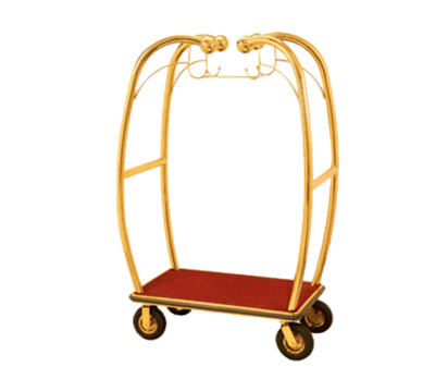 AARCO BEL-101B-4P 47.25" W x 25.5" D x 73" H Brass Frame Finish Red Deck Bellman's Cart with 8" Wheels