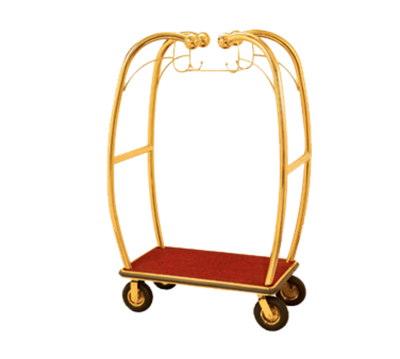 AARCO BEL-101B-4P 47.25" W x 25.5" D x 73" H Brass Frame Finish Red Deck Bellman's Cart with 8" Wheels