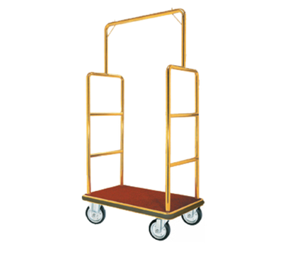AARCO LC-1B 42" W x 24" D x 72" H Brass Frame Finish Red Deck Luggage Cart with 6" Wheels