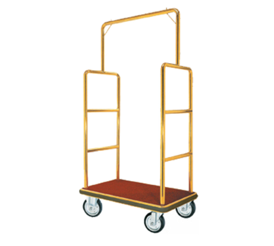 AARCO LC-1B 42" W x 24" D x 72" H Brass Frame Finish Red Deck Luggage Cart with 6" Wheels
