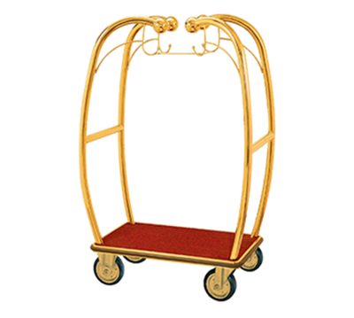 AARCO BEL-101B 47.25" W x 25.5" D x 73" H Brass Frame Finish Red Deck Bellman's Cart with 6" Wheels