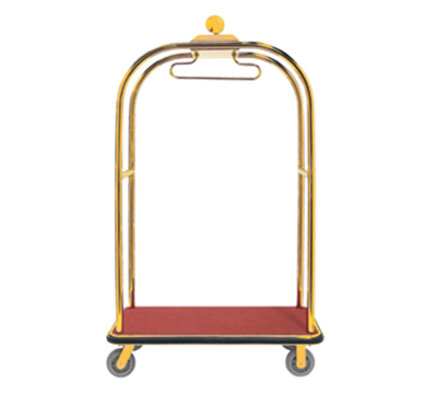 AARCO LC-3B 45" W x 26.25" D x 75" H Brass Frame Finish Red Deck Luggage Cart with 6" Wheels