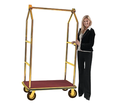 AARCO LC-2B-4P 42" W x 24" D x 72" H Brass Frame Finish Red Deck Luggage Cart with 8" Wheels
