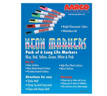 AARCO MFL-6 Dry Erase Neon Markers - Pack Of 6