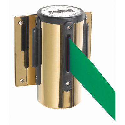 AARCO WM-7BGR 7" H Brass Wall Mounted Form-A-Line System with 7' Retractable Green Belt