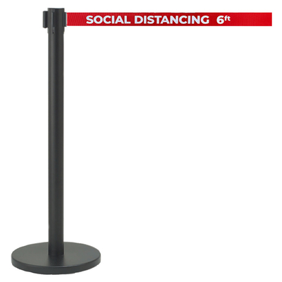 AARCO HBK-7PRD 40" H Black Steel Post Form-A-Line Crowd Control System with 7' Retractable Printed Red Belt