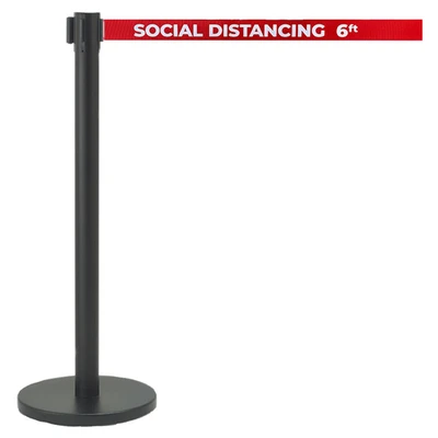 AARCO HBK-7PRD 40" H Black Steel Post Form-A-Line Crowd Control System with 7' Retractable Printed Red Belt