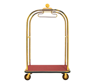 AARCO LC-3B-4P 45" W x 26.25" D x 75" H Brass Frame Finish Red Deck Luggage Cart with 8" Wheels