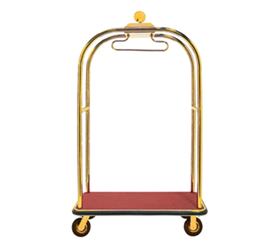 AARCO LC-3B-4P 45" W x 26.25" D x 75" H Brass Frame Finish Red Deck Luggage Cart with 8" Wheels